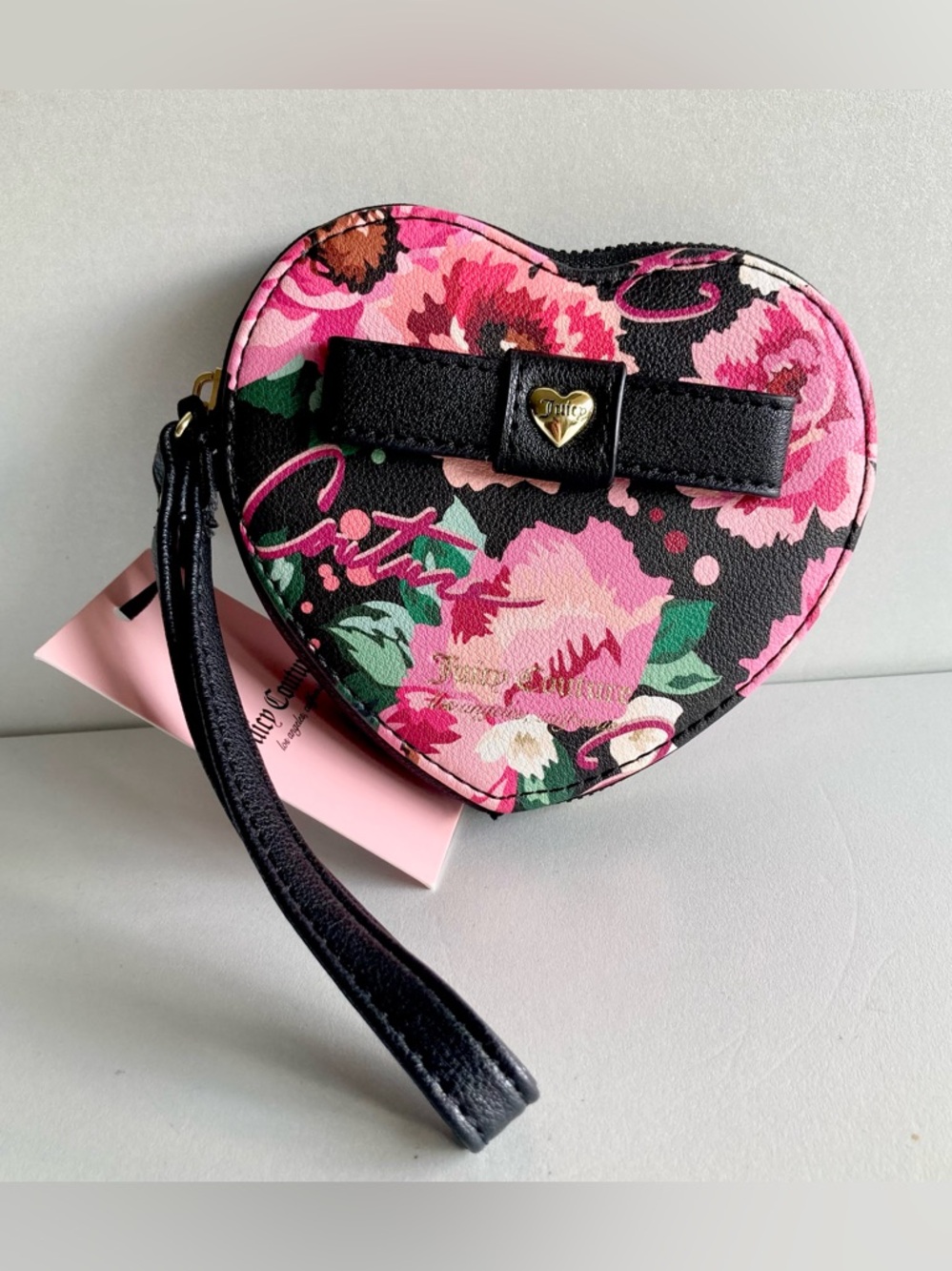Juicy Couture Pink Floral Heart Wristlet with Black Bow